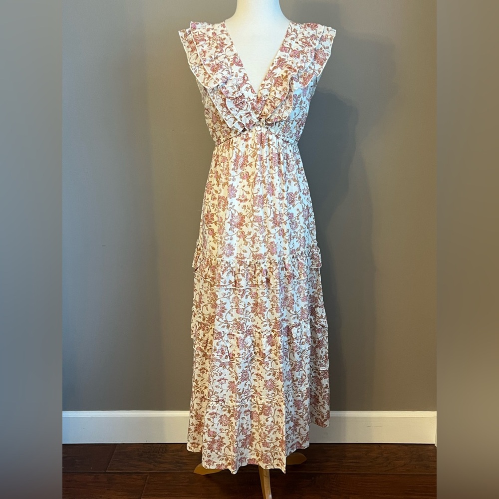 Japna Floral Ruffle Maxi Dress in Cream and Pink